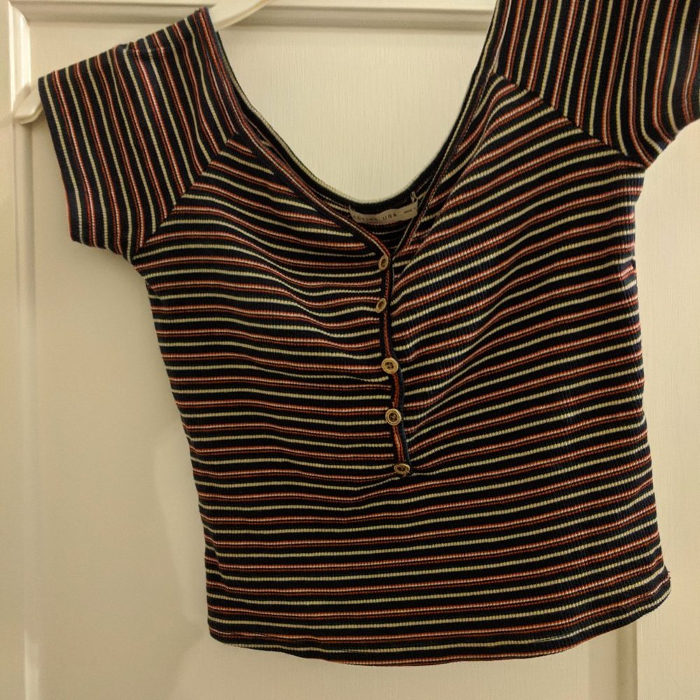 trendy cute button striped knit brandy crop tee